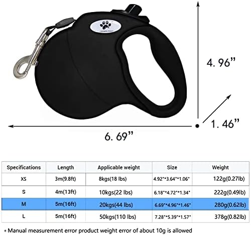 16ft Retractable Dog Leash for Medium Breed Dogs up to 44 lbs with a Detachable Chew Proof Extender Wire Ropes (Black M)