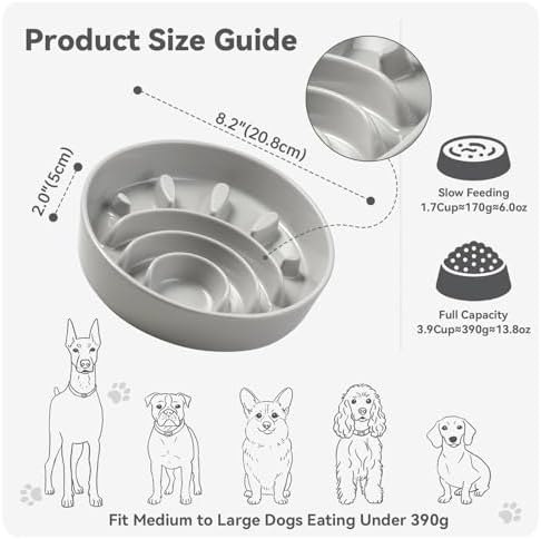 Ceramic Slow Feeder Dog Bowl, 1.8 Cups Anti -Slip Slow Feeding Bowl to Slow Down Eating, 8.2 Inch Dog Food Dish for Medium to Large Breeds, Grey