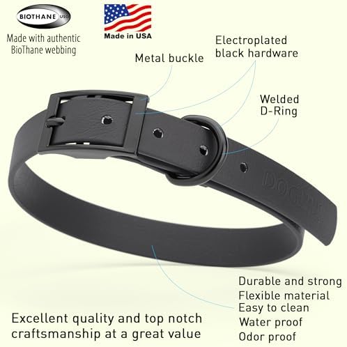 Dogline Biothane Waterproof Dog Collar Strong Coated Nylon Webbing with Black Hardware Odor- Proof for Easy Care Easy to Clean High Performance Fits Small Medium or Large Dogs, Black