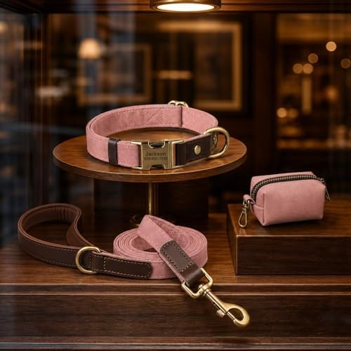 Personalized PU Leather Dog Collars, Quick Release Buckle, Pink,S