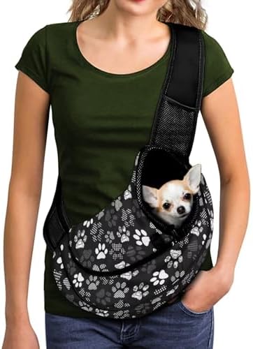 Black Dog Paw Print Dog Sling Carrier for Small Dogs Puppy Carrier Sling Purse for Traveling Adjustable Strap Crossbody Pet Travel Shoulder Bag