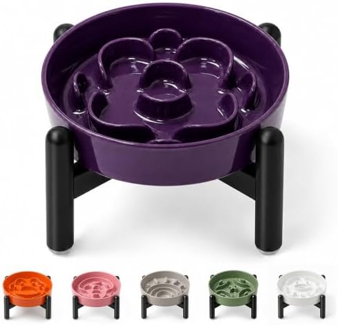 Elevated Slow Feeder Dog Bowl, 0.8 Cups Ceramic Raised Slow Feeder with Stainless Stand, 6.3 Inch Wide Lifted Dog Bowl for Small Breeds to Control Eating Speed, Purple