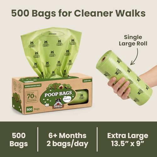 Pogi's Poop Bags – Large, Leak-Proof Dog Waste Bags for Yard or Home Use, Unscented (Single Roll, 500-Count) (Pack of 2)