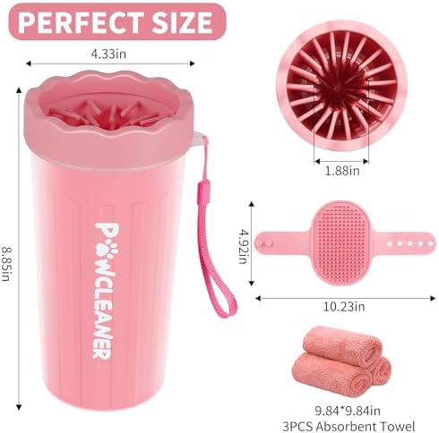 Professional 7 in 1 Dog Paw Cleaner for Dogs - Includes 1 Portable Paw Washer, 1 Bath Brush, 2 Dog Toothbrushes and 3 Absorbent Towels Note: Fits Paws 2.5 to 3.5 Inches Wide (Large, Light Pink)