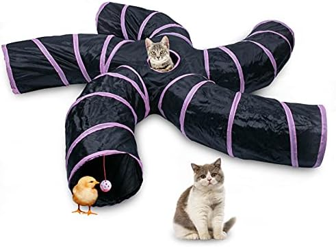 EGETOTA Cat Tunnel for Indoor Cats Large, with Play Ball S-Shape 5 Way Collapsible Interactive Peek Hole Pet Tube Toys, Puppy, Kitty, Kitten, Rabbit (Pink & Black)