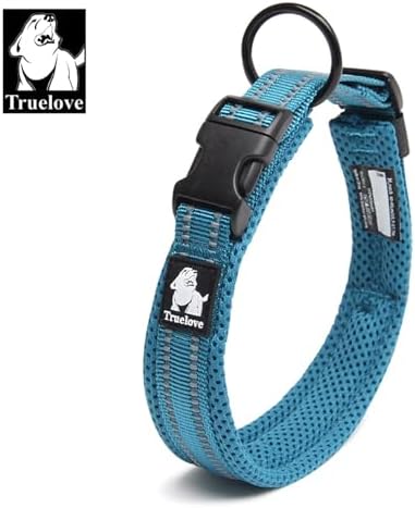 TRUE LOVE Padded Reflective Breathable Nylon Dog Collar, Blue, XS