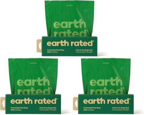 Earth Rated Dog Poop Bags, Thick Grab and Go Single Roll, Ideal for Backyard Pickups, Unscented, 900 Count (3 x 300 count)