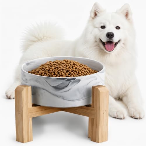 Elevated/Raised Ceramic Dog Bowl with Bamboo Stand,Marble Pattern 7 Inch 7.6 Cups Non Slip Heavy Weighted Single Pet Dish,Reduces Neck Strain Marble Gray