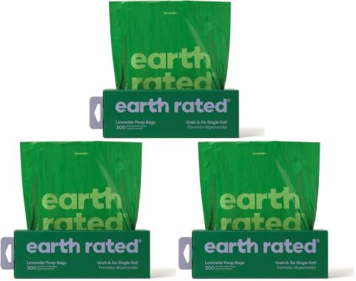 Earth Rated Dog Poop Bags, Thick Grab and Go Single Roll, Ideal for Backyard Pickups, Lavender Scented, 900 Count (3 x 300 count)