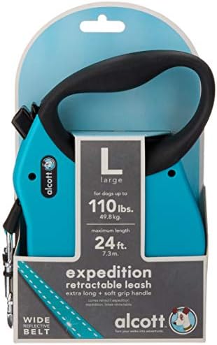 Alcott Expedition Retractable Reflective Belt Leash – 24 Feet – Large for Dogs up to 110 lbs, Blue with Black Soft Grip Handle – Durable & Comfortable Dog Leash