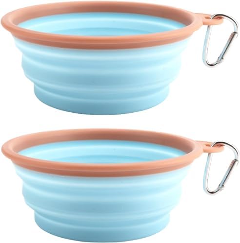 Collapsible Dog Bowls for Travel Portable Pet Food Bowl Compact Silicone Dog Water Dish with Carabiner Clip, BPA Free, Perfect for Large/Medium/Small Dog/Cat/Pets, 2 Pack, Sky Blue, 1000ML