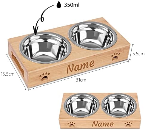 Elevated Bamboo Pet Bowls for Dogs and Cats, Customizable with Stainless Steel Bowls, Anti-Slip Feet