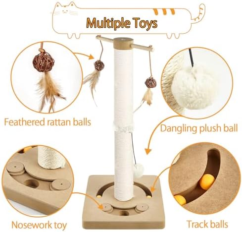 AUSCAT Cat Scratching Post with Multiple Interactive Toys, Vertical Sisal Cat Scratcher for Indoor Cats and Kittens, 24.8 inches, Beige