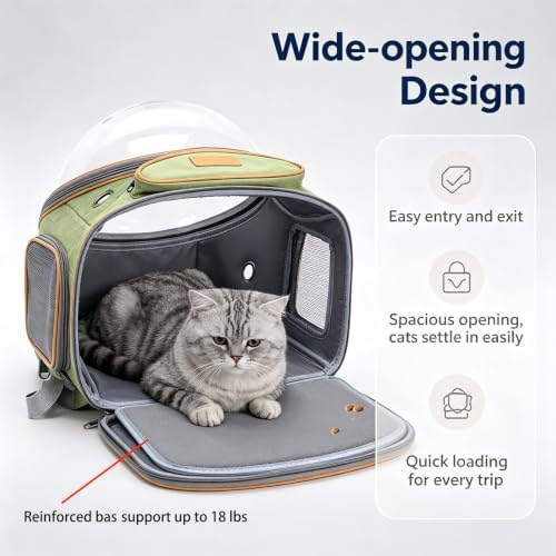 Cat Backpack Carrier, Breathable Cat Carrier Large Space Bubble Pet Backpack for Small Dog and Large cat up to 18lbs, Transparent & Foldable Pet Carrier for Travel Hiking (Green)