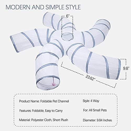 EGETOTA Cat Tunnel for Indoor Cats Large, with Play Ball S-Shape 5 Way Collapsible Interactive Peek Hole Pet Tube Toys, Puppy, Kitty, Kitten, Rabbit (White & Grey)