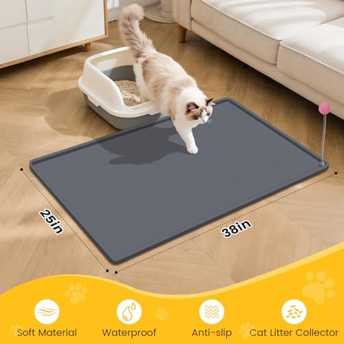 Cat Litter Mat, 38"X25" Large Litter Box Mat, Waterproof and Easy to Clean Silicone Cat Mat for Litter Box, Mat Litter Trapping Mat for Scatter Control, Keep The Floor Clean (Dark Grey)
