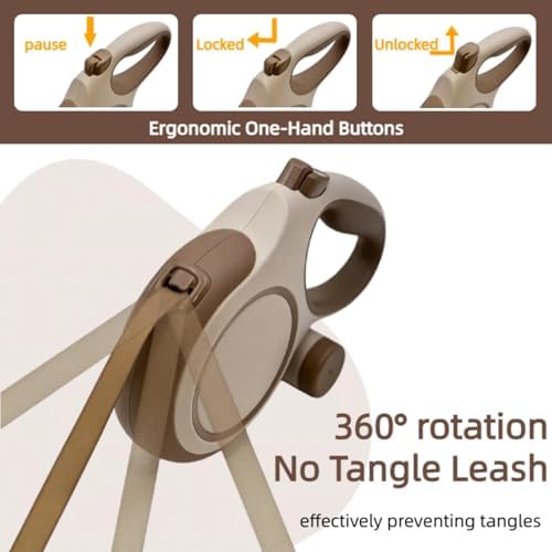 26ft Retractable Dog Leash for Large Dogs with Poop Bag Holder,Heavy Duty Retractable Dog Leash with Chew Proof Extender,One-Hand Lock System,Impact-Resistant,Up to 110 lbs (Khaki)