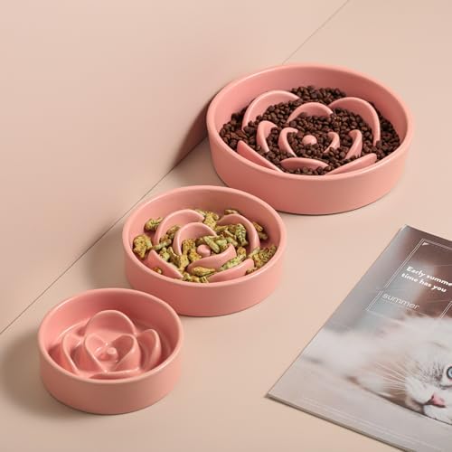 Pink Ceramic Slow Feeder Dog Bowl for Small and Medium Breeds,6.1 in Slow Feeding Bowl,Puzzle Cat Dog Food Bowl for Fast Eater,Maze Dish Puzzle Bowl for Small Dogs and Cats