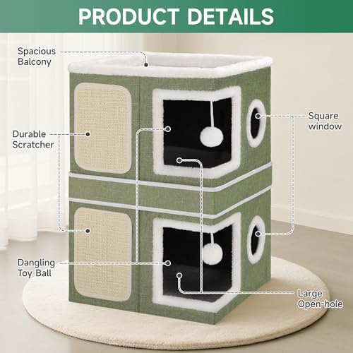 Shikha 2 Story Cat House beds for Indoor Cats with Scratch Pads Green