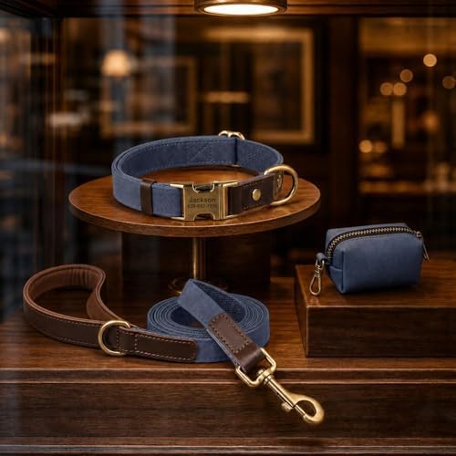 Personalized PU Leather Dog Collars, Quick Release Buckle, Blue,M