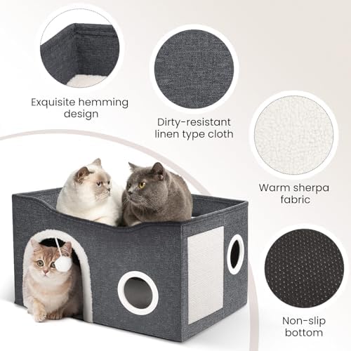 Heeyoo Cat House for Indoor Cats - Large Cat Bed Cave with Fluffy Ball and Scratch Pad, Foldable Cats Houses & Condos, Cat Hideaway, Covered Kitty Bed for Multi Small Large Kitty, 23.8x15.9x13.2 Inch