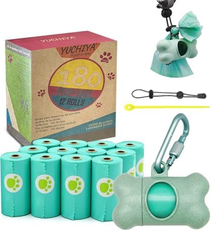 Dog Poop Pickup Bags Holder Dispenser with Standard-Sized Leak-Proof Scented Doggy Waste Bags and Carabiner with Safety Lock&Fastener Never Loose on Leash Lead Again (1 Holder 195 Bags, Blue)