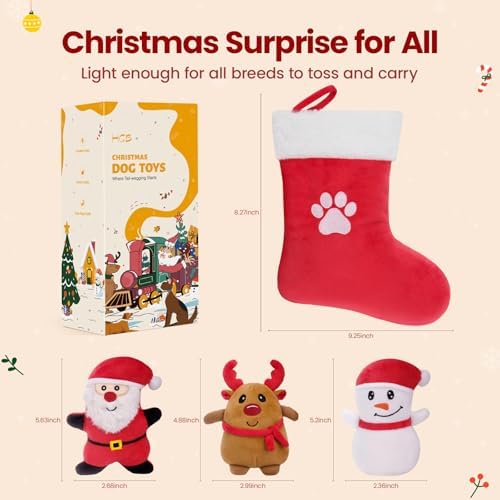 HGB Christmas Dog Toys, 4 Pack Plush Squeaky Dog Toys for Small Medium Breed with Dog Stocking to Keep Them Busy & Daily Companionship