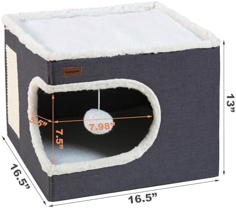 Garnpet Cat Bed for Indoor Cats Cube House, Covered Cat Cave Beds & Furniture with Scratch Pad and Hideaway Tent, Cute Modern Cat Condo for Multi Small Pet Large Kitten Kitty, Dark Grey