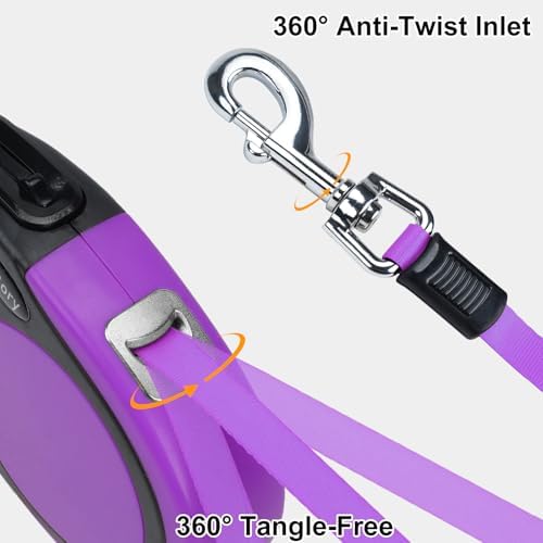 Taglory Retractable Dog Leash, One-Handed Brake, 16ft, Up to 44 lbs, Purple