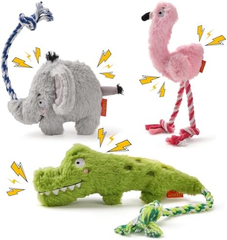 AUSCAT Plush Dog Rope Toy, Durable Squeaky Dog Toys for Puppy Small Medium Dogs (Not for Aggressive Chewers), Crocodile & Elephant & Flamingo