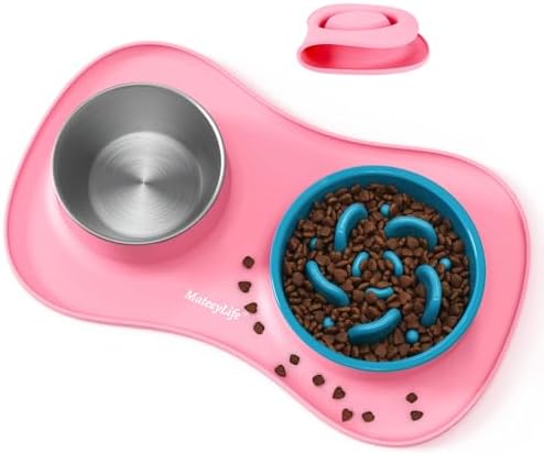 MateeyLife Dog Food and Water Bowl Set 3 in 1, Slow Feeder Dog Bowls & Stainless Steel Water Bowl with Non-Spill Silicone Mat, Cat and Puppy Bowls Pet Dishes for Small Medium Large Breed Anti-Choking