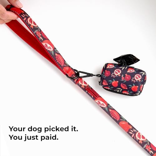 KIKI & RIKI Premium Dog Poop Bag Holder, Waste Bag Dispenser with Leash Clip, Artist-Designed Print (Designed in Georgia), Includes 1 Starter Roll of Bags, Fits Standard Rolls, Black (Red Pomegranate)