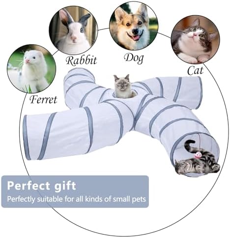 EGETOTA Cat Tunnel for Indoor Cats Large, with Play Ball S-Shape 4 Way Collapsible Interactive Peek Hole Pet Tube Toys, Puppy, Kitty, Kitten, Rabbit (S4 - White & Grey)