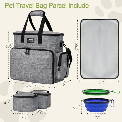 LARIPOP Dog Travel Bag Airline Friendly for Small Medium Large Dogs, Pet Travel Organizer with Collapsible Bowls Food Containers Mat, Waterproof Portable Tote for Dog Outdoor Travel