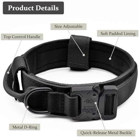 Tactical Dog Collar, Adjustable Military Training Nylon Pet Collar, Black M
