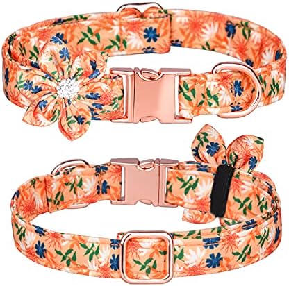 Floral Pattern Dog Collar - Cute Puppy Collar with Detachable Rhinestone Flower for Female Dogs - Small, Medium, Large (L, Orange)