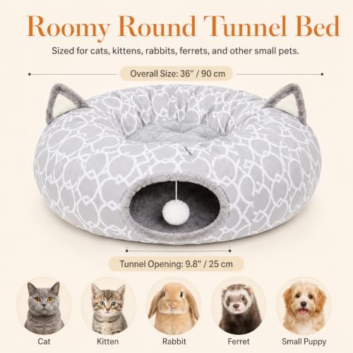 Geometric Cat Tunnel Bed Under Christmas Tree Oxford Outside with Plush Inside,Cats Toys Collapsible Tunnel Tube with Balls, for Rabbits, Kittens, Ferrets,Puppy 3FT