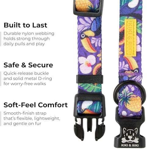 KIKI & RIKI Soft Nylon Dog Collar for Medium Dogs, Adjustable, Quick-Release Buckle, Size M (Neck 13.0-20.9"), Purple Artist-Designed Print