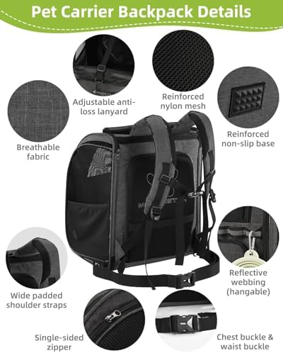 Expandable Cat Carrier Backpack, Dog Carrier Backpack for Small Dogs and Puppies Up to 20 Lbs, Great for Travel Hiking Camping Outdoor with Breathable Mesh, Dark Grey
