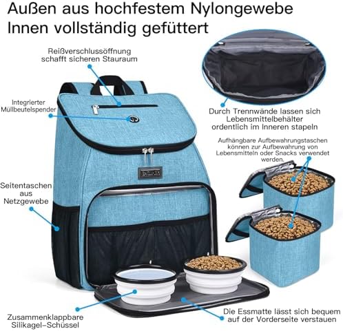BAGLHER丨Dog Travel Bag, Airline Approved Pet Supplies Backpack, Dog Travel Backpack with 2 Silicone Collapsible Bowls and 2 Food Baskets
