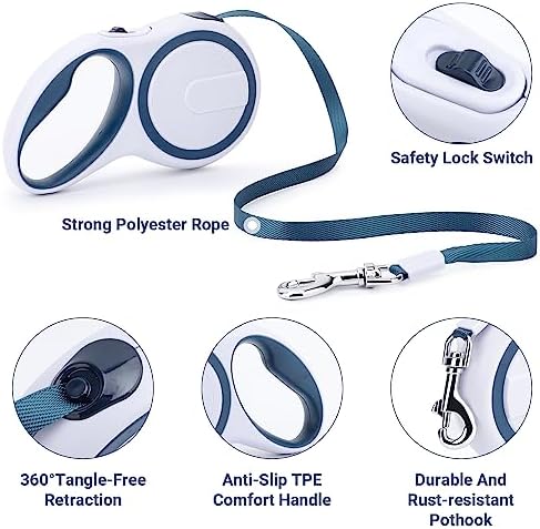 Segarty Extendable Leash, 16ft Heavy Duty Walking Dog Retractable Leash for Medium Small Dogs up to 44lb, Anti-Slip Handle 360°Tangle-Free Nylon Tape, One-Handed One Button Lock (Blue White)