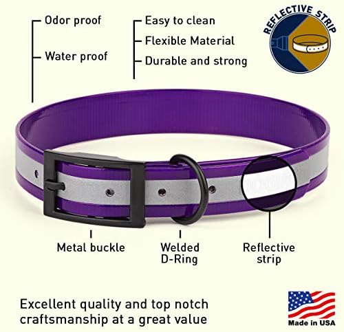 Dogline Biothane Translucent Reflective Waterproof Dog Collar Strong Coated Nylon Webbing with Black Hardware Odor- Proof for Easy Care Clean Fits Small Medium or Large Dogs - Purple 1" W x 22"-25" L