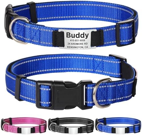 Personalized Dog Collars - Adjustable Reflective Dog Collar with Name Tag Engraved, Soft Neoprene Padded Breathable Nylon Dog Collar for Small/Medium/Large Dogs, Navy Blue, M