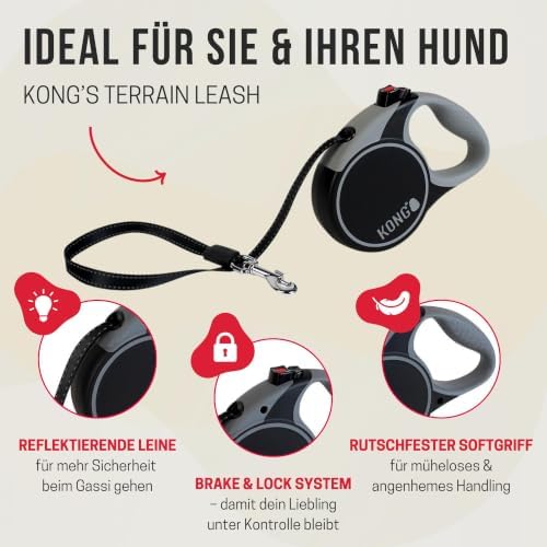 Alcott KONG Terrain Retractable Dog Leash, Small, Red, 16' Long