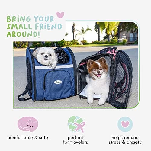 Petique The Backpacker Pet Carrier - Denim: for Small Dogs/Cats/Pets, Storage Pocket, Luggage Handle Slit, Leash Inside, Adjustable Straps, Reversible Mat, 3 Entryways, Folds Flat, Reflective Strip
