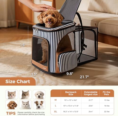 Lekereise Large Cat Backpack Carrier Expandable Pet Carrier Backpack for Small Dogs Medium Cats Fit Up to 18 Lbs, Foldable Puppy Backpack Carrier for Travel, Hiking, Striped