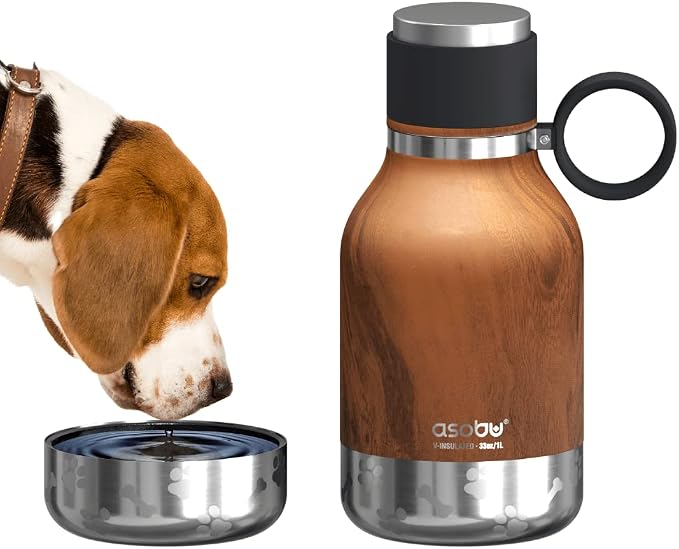 Asobu Buddy Bottle a Stainless Steel Insulated Water Bottle for with Removable Dog Water Bowl and Dog Food and Treat Storage Bowl (Wood, 37 oz Water Bottle with Bowl)
