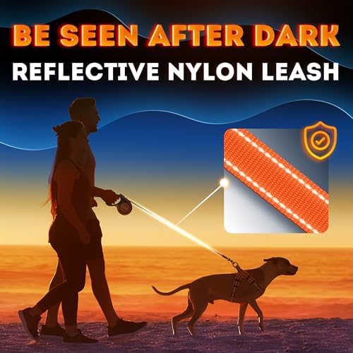 Retractable Dog Leash 18.2 ft – Chew Proof Cable Included – 360° Tangle-Free Design – Heavy Duty Reflective Leash – Soft Anti-Slip Grip Outdoor Daily for Small Medium Large Dogs up to 110 lbs (Orange)