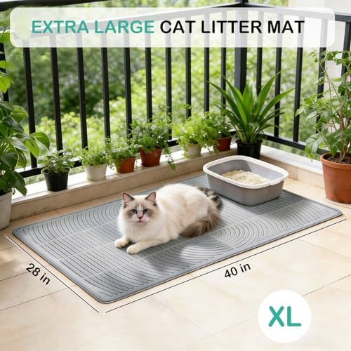 SORKUT Cat Litter Mat for Litter Box, 40x28 Inch Extra Large Silicone Litter Trapping Mat, Waterproof & Non-Slip Floor Protector, Soft on Kitty Paws, Easy to Clean & Durable, Gray