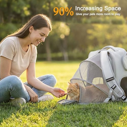 Cat Backpack Carrier Expandable, Breathable Mesh & Lockable Zippers & Shaded Curtains & Multi-Entry, Pet Backpack for Kitty Puppy Small Dogs Up to 18lbs for Travel, Hiking, Car, Vet(Light Grey)